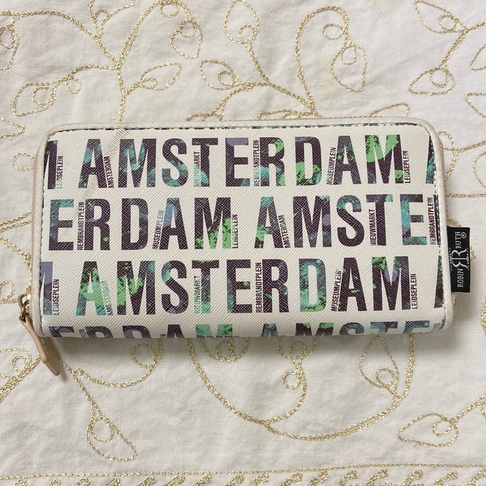 Robin Ruth Amsterdam Wallet cream color with green brown blue lettering